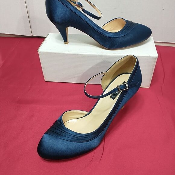 ERIJUNOR Women SZ 9 Blue Low Heel Closed-Toe Ankle Strap Bridal Wedding . - Picture 1 of 12